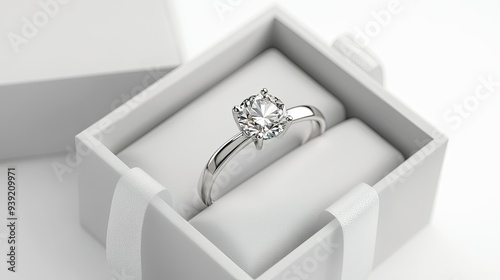 Diamond ring in jewelry gift box floated on white background 