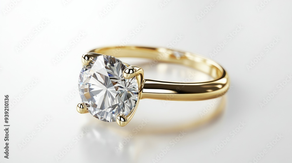 Diamond Ring Yellow Gold Isolated on White Engagement Solitaire Style Ring Diamond Ring Yellow Gold Isolated on White Engagement Solitaire Style Ring