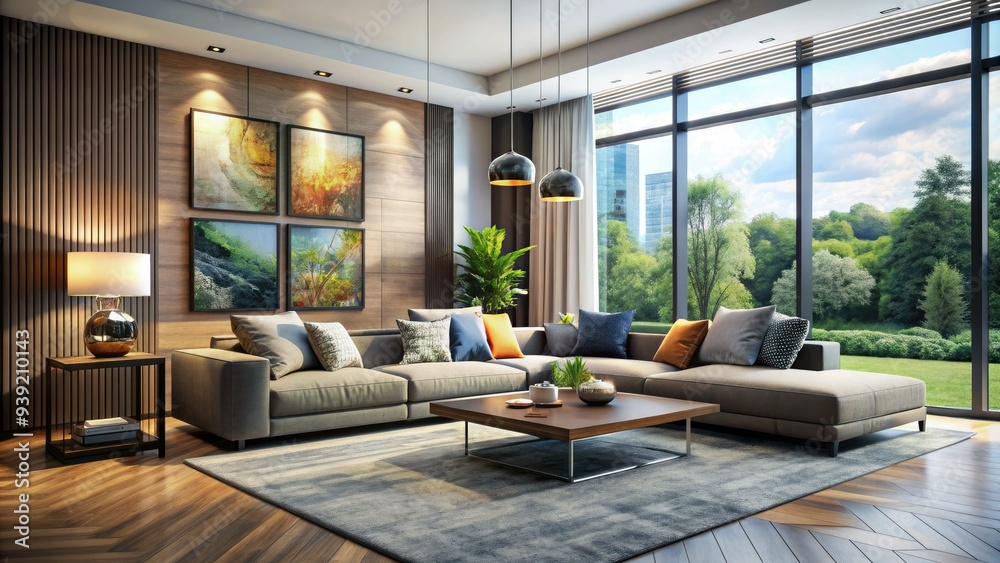 Fototapeta premium Stylish Living Room With A Modern Couch, Large Windows, And Contemporary Artwork, Showcasing The Beauty And Comfort Of Modern Home Design