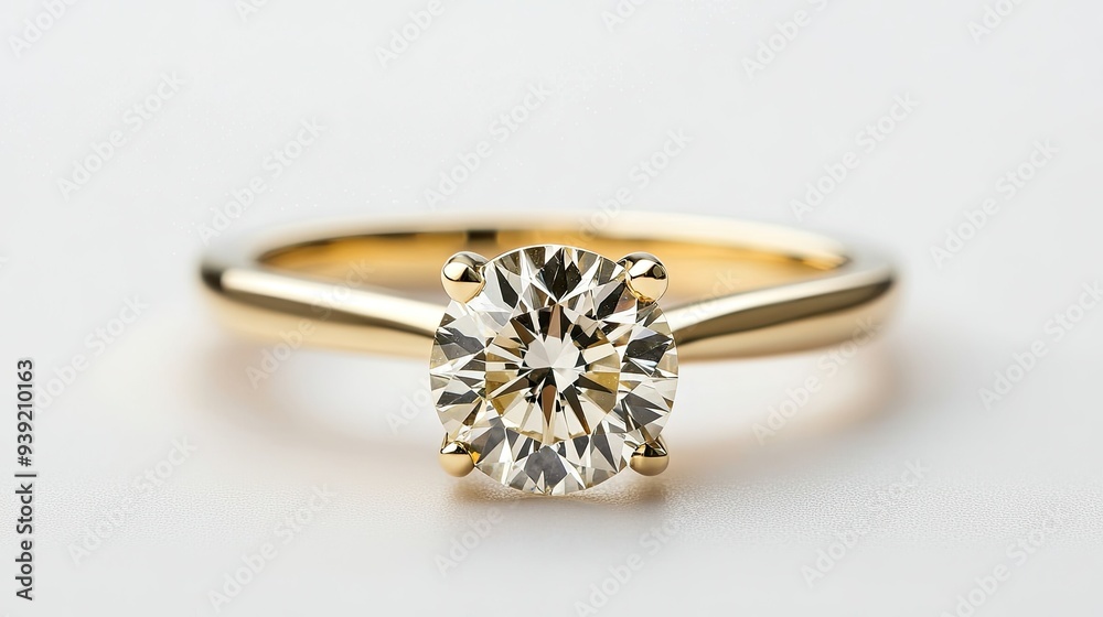 Diamond Ring Yellow Gold Isolated on White Engagement Solitaire Style Ring Diamond Ring Yellow Gold Isolated on White Engagement Solitaire Style Ring