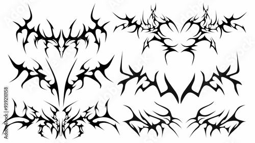 Set of Symmetrical neo tribal sigilism Pattern Cyber ​​Gothic Elements in Abstract White black 