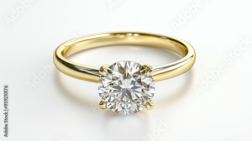 Diamond Ring Yellow Gold Isolated on White Engagement Solitaire Style Ring