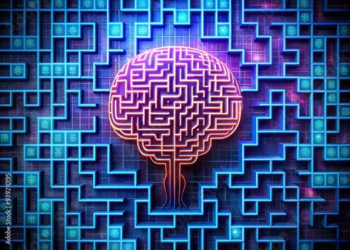 Memory Maze: Cool, cerebral colors; labyrinthine patterns; crossword puzzle grid as a symbol of mental journeys and challenges. photo