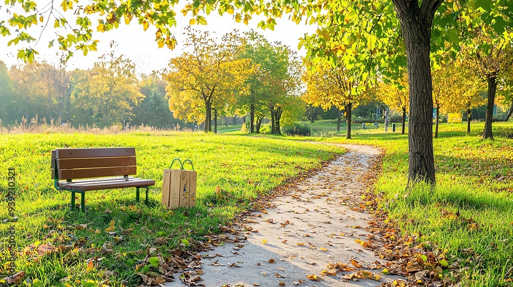 A serene park scene featuring a bench and shopping bag, surrounded by vibrant autumn foliage and a winding path. Carbon Neutrality concept. A serene park scene featuring a bench and shopping bag, surrounded by vibrant autumn foliage and a winding path. Carbon Neutrality concept.
