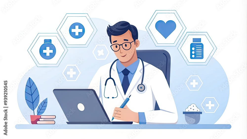Stylized doctor icon sitting at desk with clipboard, assessing patient's medical chart, surrounded by stethoscope, medicine, and healthcare symbols in a modern illustration.