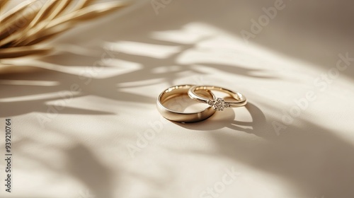 Elegant wedding rings placed on beige surface in light room with minimalist interior 