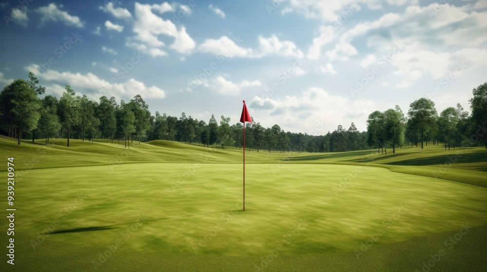 Vast, empty golf course with flag markers on distant greens Vast, empty golf course with flag markers on distant greens