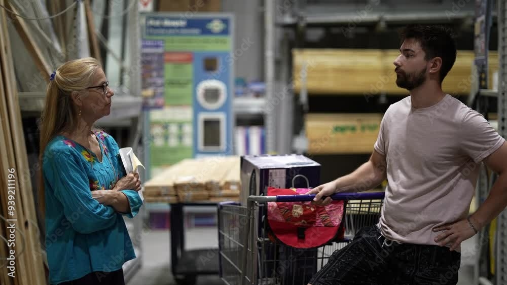 Young man and mature woman discuss building project standing in lumber section of hardware store. Young man and mature woman discuss building project standing in lumber section of hardware store.