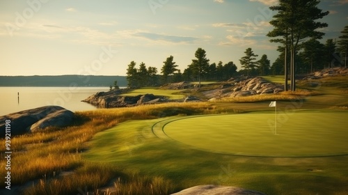 Vast, empty golf course with flag markers on distant greens
