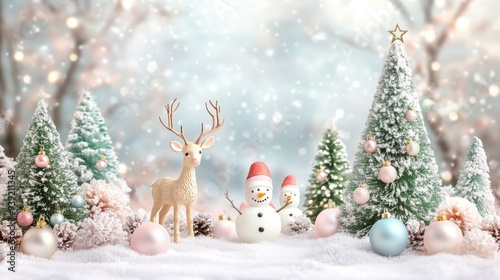 A charming Christmas scene with tiny reindeer, happy snowmen, and cheerful Christmas trees decorated with pastel ornaments.