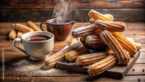 Sugar-coated churros piled high on a wooden countertop, surrounded by steaming cups of rich hot chocolate, evoking a sense of warm indulgence and comfort.