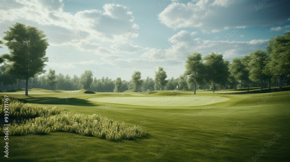 Naklejka premium Vast, empty golf course with flag markers on distant greens