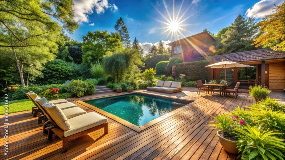 Obraz premium Sunny backyard oasis featuring a sparkling pool surrounded by a spacious wooden deck, adorned with lush greenery and comfortable outdoor furniture.