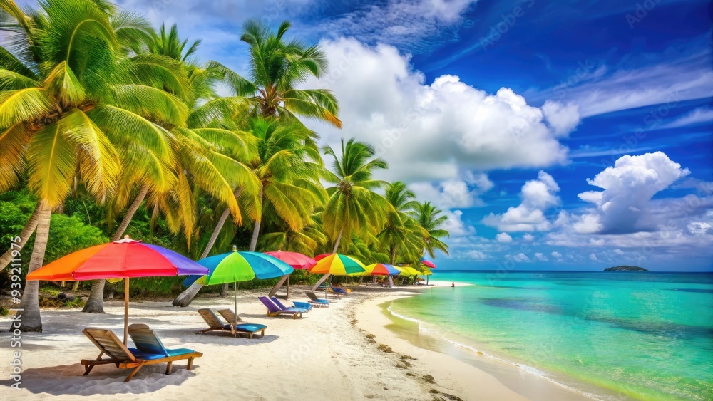 Obraz premium Sunny beach scene with colorful umbrellas, lounge chairs, and happy travelers enjoying relaxing getaway, with crystal-clear turquoise water and lush green palm trees in background.