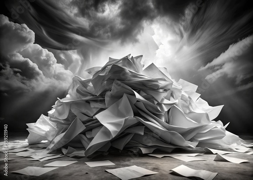 Monochromatic Storm of Paper: Dramatic, Intense, Black and White, Contrast, Power