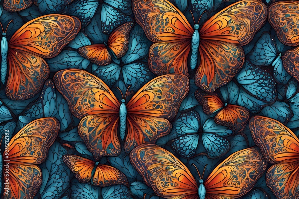 A seamless pattern of butterfly wings with intricate designs in vibrant colors, AI Generated A seamless pattern of butterfly wings with intricate designs in vibrant colors, AI Generated
