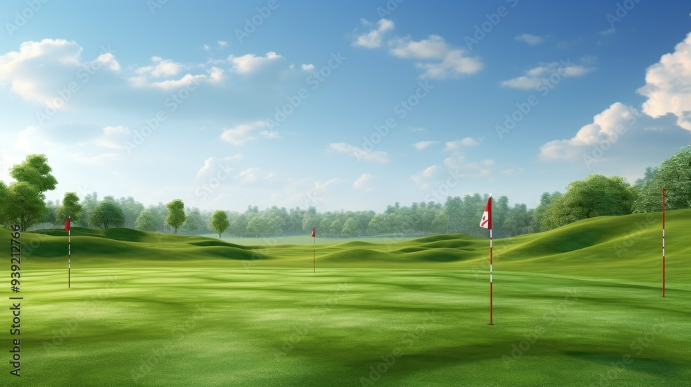 Vast, empty golf course with flag markers on distant greens Vast, empty golf course with flag markers on distant greens
