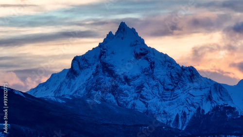 Mount Olivia At Ushuaia In Tierra Del Fuego Argentina. Snowy Mountains. Glacier Landscape. Tierra Del Fuego Argentina. Winter Background. Mount Olivia At Ushuaia In Tierra Del Fuego Argentina.