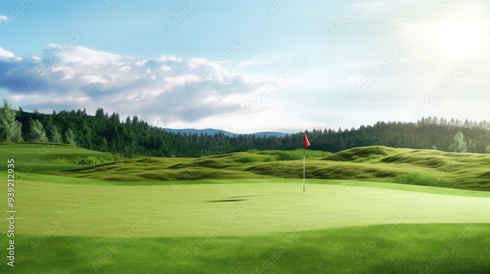 Fototapeta premium Vast, empty golf course with flag markers on distant greens