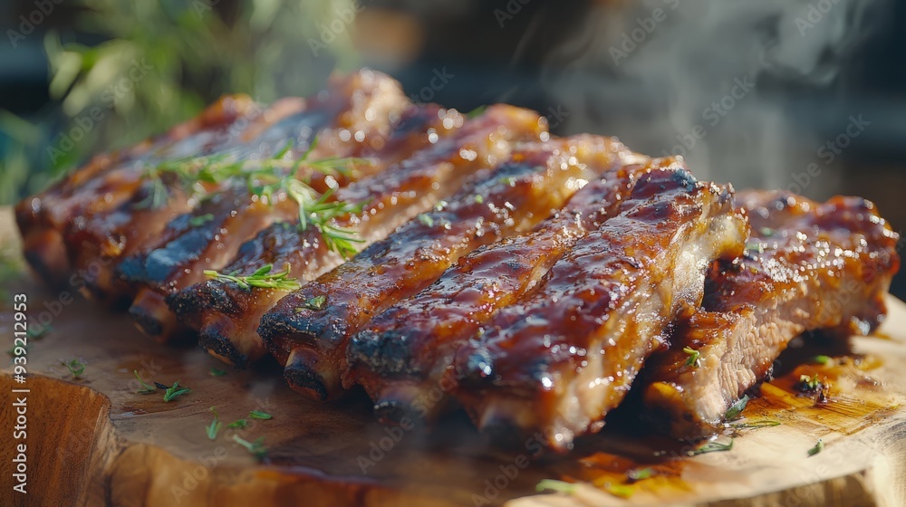 Close-up of juicy, grilled barbecue ribs garnished with fresh herbs on a wooden board, emitting a savory and smoky aroma. Close-up of juicy, grilled barbecue ribs garnished with fresh herbs on a wooden board, emitting a savory and smoky aroma.
