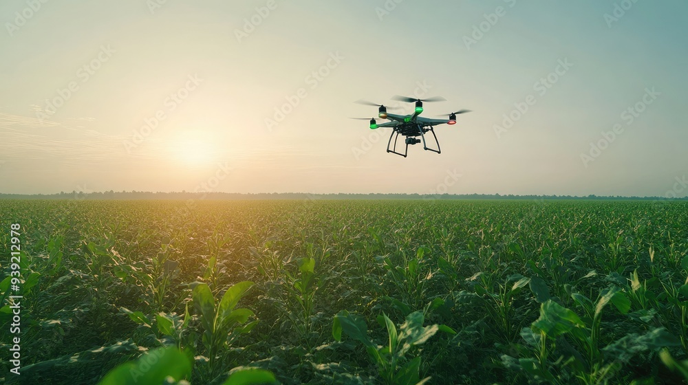 Fototapeta premium Advanced agricultural drones hovering over vast green fields, capturing data with precision sensors, and monitoring crop health. Clear sky with a high-tech touch.