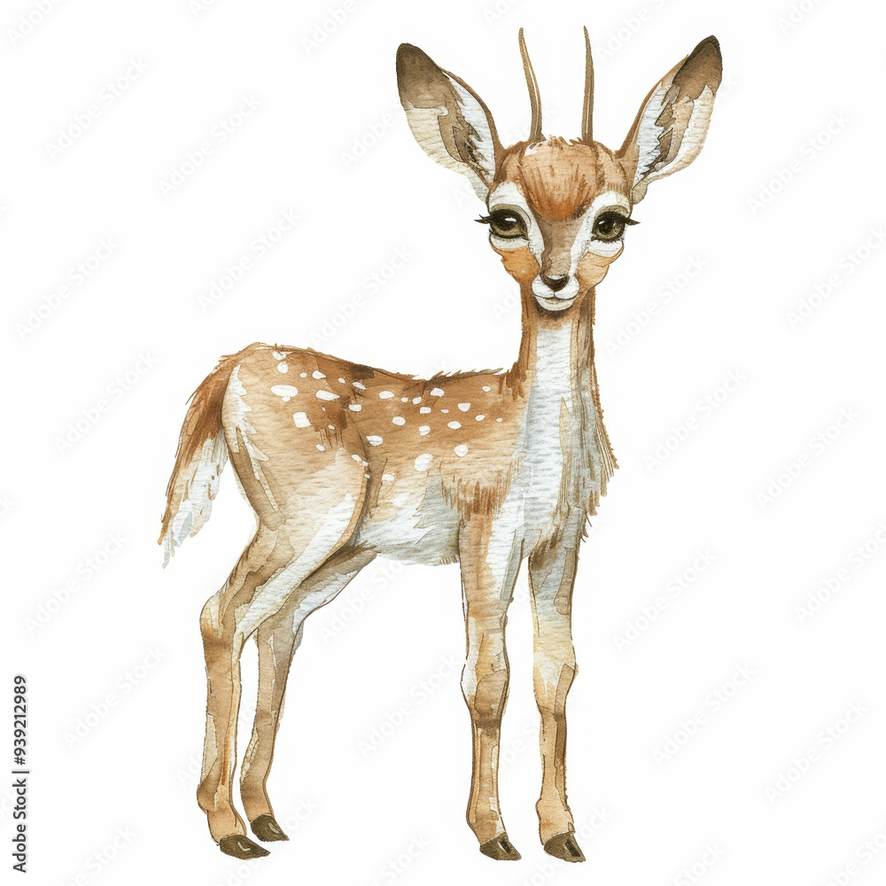 Naklejka premium Watercolor Illustration of a Cute Baby Deer Fawn Standing in Nature