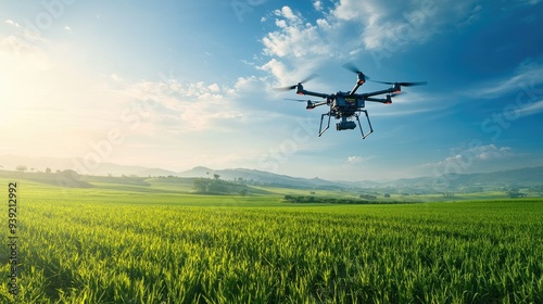 Advanced agricultural drones hovering over vast green fields, capturing data with precision sensors, and monitoring crop health. Clear sky with a high-tech touch.