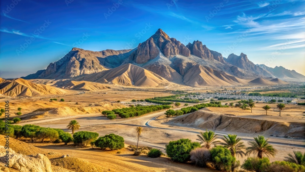 Fototapeta premium Sweeping desert landscape with majestic Jebel Hafeet mountain in the distance, Al Ain, United Arab Emirates, on a sunny day with clear blue sky.