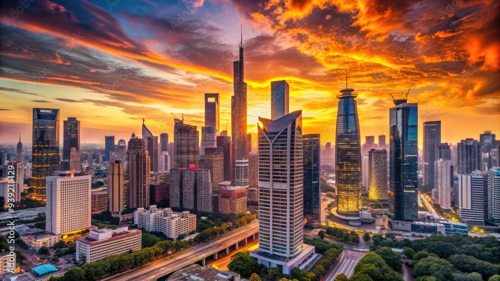 Obraz premium Sweeping panoramic view of a bustling metropolis at sunset, with towering skyscrapers and modern architecture set against a vibrant orange and pink sky backdrop.