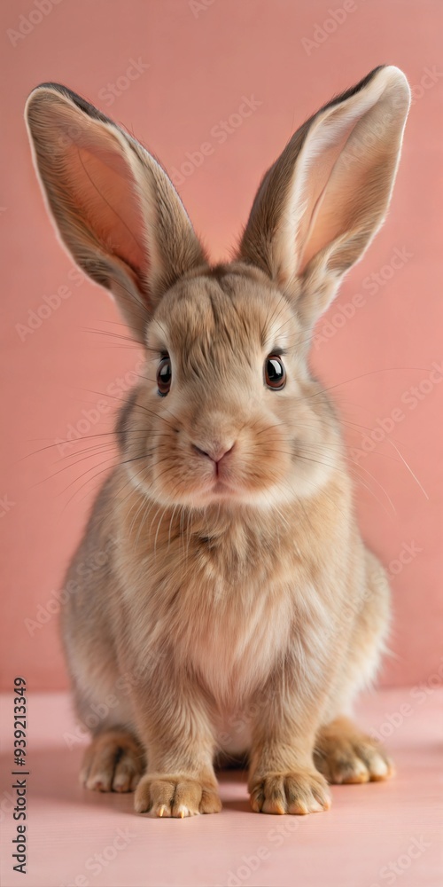 A cute rabbit with big ears is sitting on a pink background