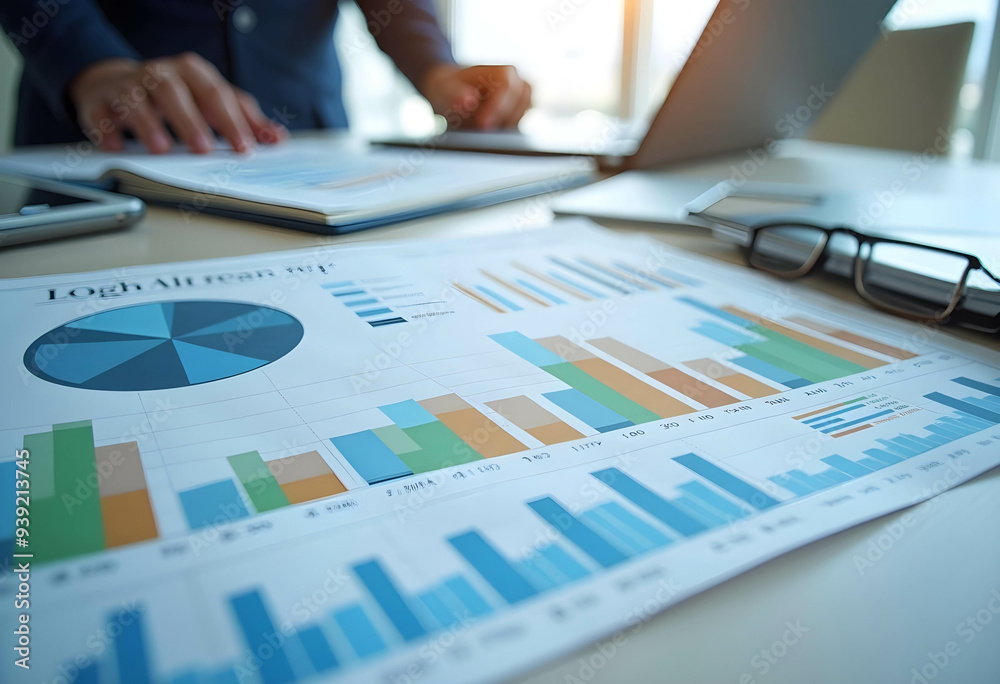A close-up of financial documents and charts on a desk during a business meeting. Various colorful graphs, including pie charts and bar graphs, are visible on the papers A close-up of financial documents and charts on a desk during a business meeting. Various colorful graphs, including pie charts and bar graphs, are visible on the papers