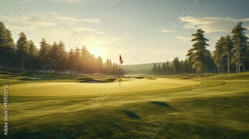 Vast, empty golf course with flag markers on distant greens
