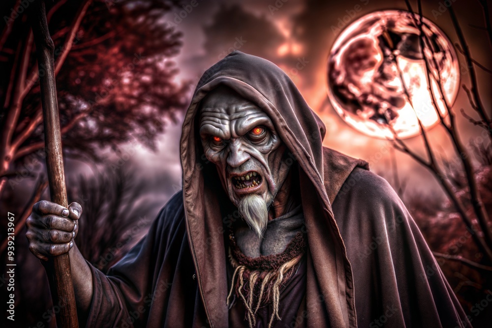 Obraz premium Dark Sorcerer under Blood Moon Eerie Horror Concept with Enigmatic Forest Vibes