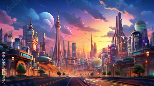 Vibrant anime cityscape at sunset with neon signs and skyscrapers