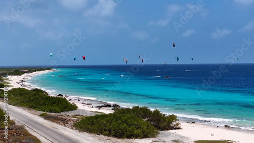 Kiteboarding Bonaire At Kralendijk In Bonaire Netherlands Antilles. Aquatic Sports. Beach Landscape. Kralendijk At Bonaire Netherlands Antilles. Tourism Background. Nature Seascape.