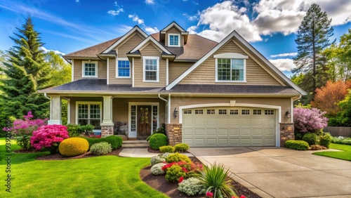 Traditional suburban American home with a double garage door, decorative windows, and a welcoming entrance, set amidst a lush green lawn and blooming flowers. photo