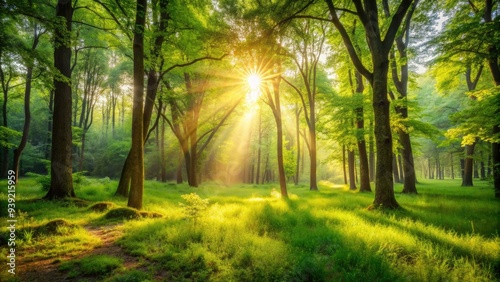 Tranquil Forest Clearing With Lush Green Trees, Vibrant Undergrowth, And A Sun-Dappled Foreground Bathed In Soft, Warm Light.