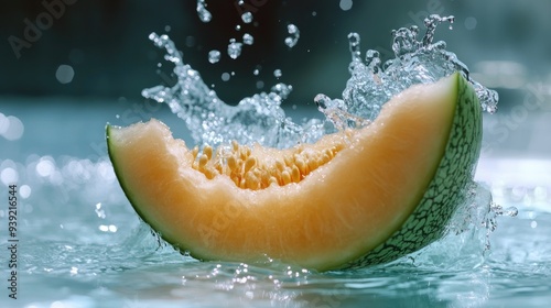 melon falling into water, slow motion splash, depth of field 
