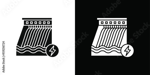 Hydroelectric dam icon Black line art vector logo set