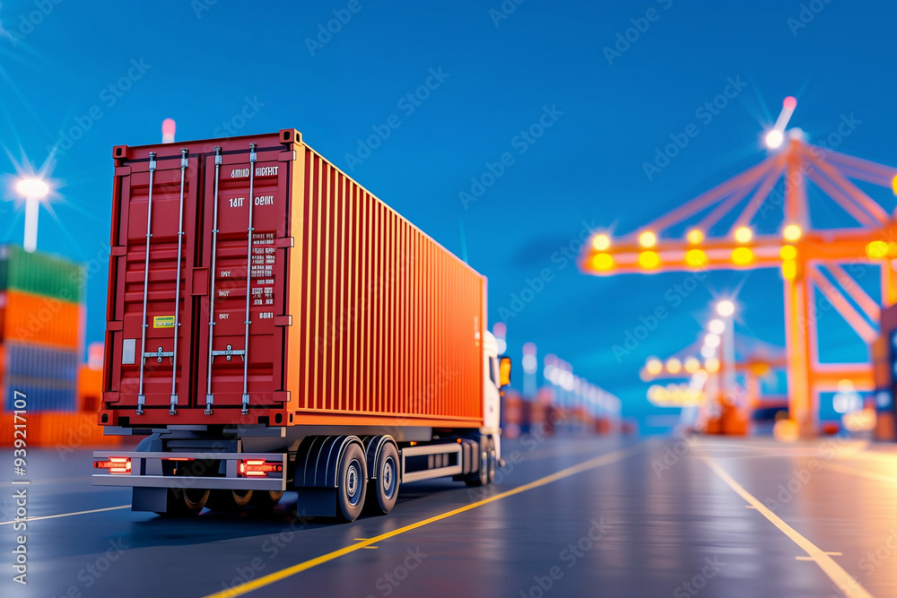 Cargo Truck with Shipping Container on Transport Route at Night in a Cargo Port. Freight Delivery and Logistics Concept in a Modern Shipping Environment Cargo Truck with Shipping Container on Transport Route at Night in a Cargo Port. Freight Delivery and Logistics Concept in a Modern Shipping Environment