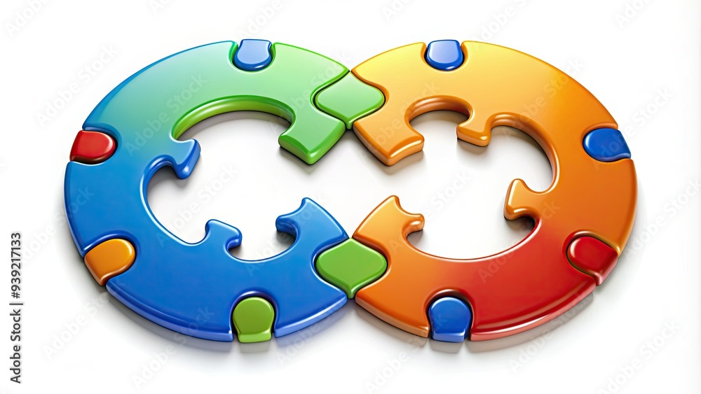 Two interlocking puzzle pieces forming a circular shape, symbolizing unity, cooperation, and successful collaboration in a modern business partnership or teamwork concept. Two interlocking puzzle pieces forming a circular shape, symbolizing unity, cooperation, and successful collaboration in a modern business partnership or teamwork concept.