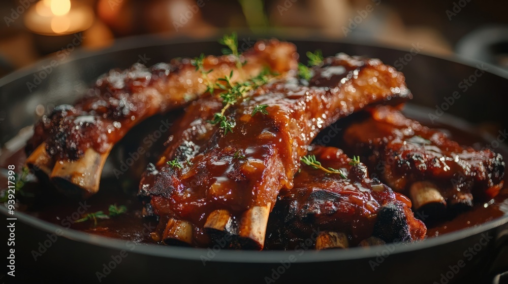 Delicious BBQ pork ribs with tangy sauce served in iron skillet, garnished with thyme. Perfect dish for summer gatherings and meat lovers. Delicious BBQ pork ribs with tangy sauce served in iron skillet, garnished with thyme. Perfect dish for summer gatherings and meat lovers.