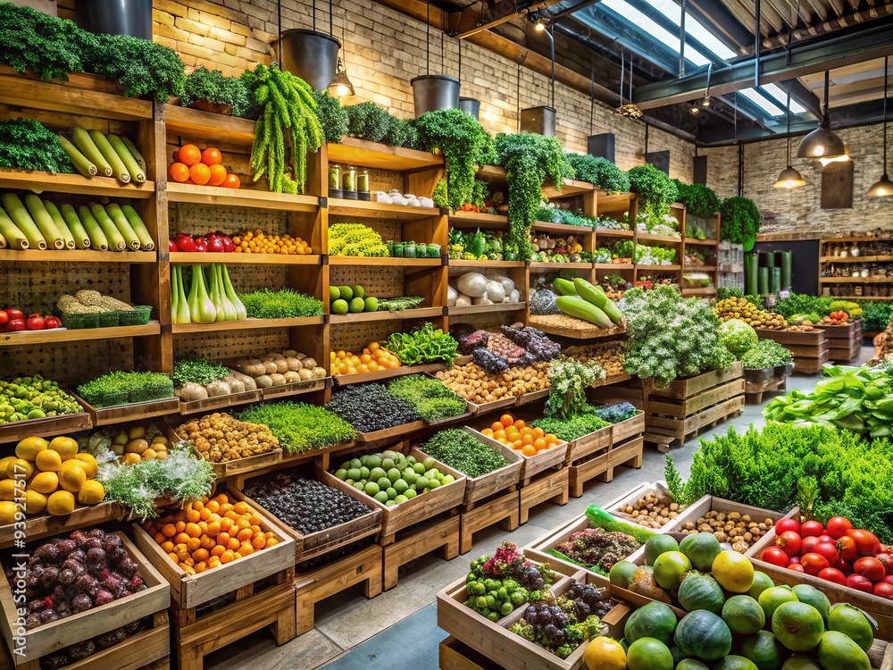 Obraz premium Organic Superstore Explosion: Lush and vibrant, featuring organic produce, plant-based products, and a focus on healthy living.
