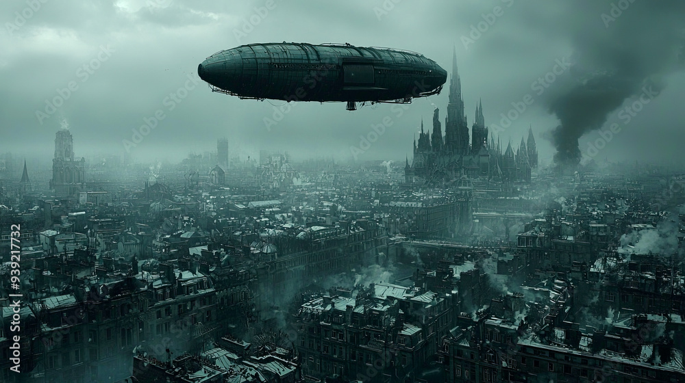 Naklejka premium Steampunk-inspired dirigible hovering over a massive steam-powered metropolis