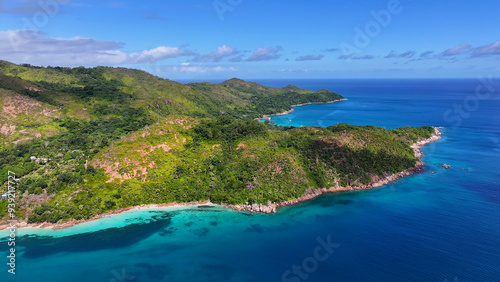 Anse Boudin Beach At Praslin Island In Victoria Seychelles. Indian Ocean Landscape. Beach Paradise. Praslin Island At Victoria. Seascape Outdoor. Archipelago Background. Tourism Travel. photo