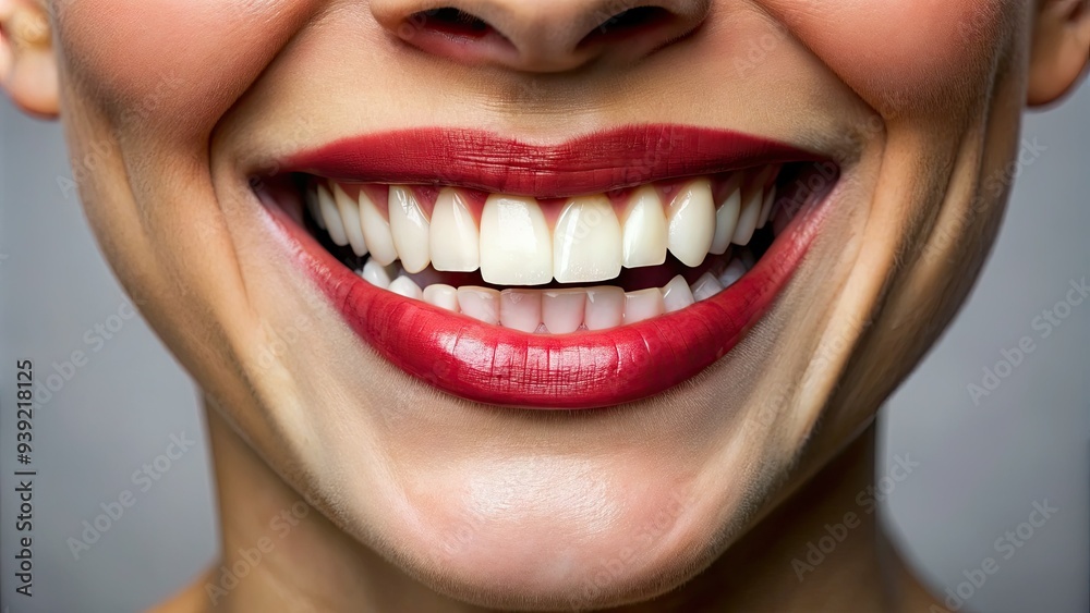 Obraz premium Unventional smile with slightly overlapping and uneven teeth, revealed through a gaping mouth, conveying playful imperfection and carefree confidence.