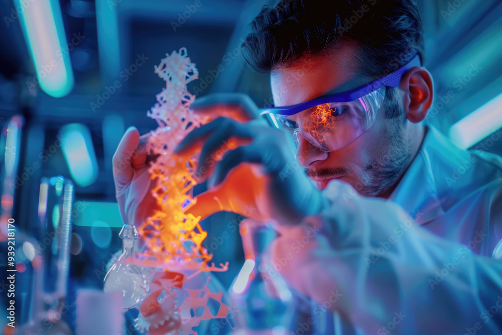 A researcher in a lab coat and safety goggles mixes vibrant chemicals while studying a molecular structure in a cutting-edge laboratory environment A researcher in a lab coat and safety goggles mixes vibrant chemicals while studying a molecular structure in a cutting-edge laboratory environment