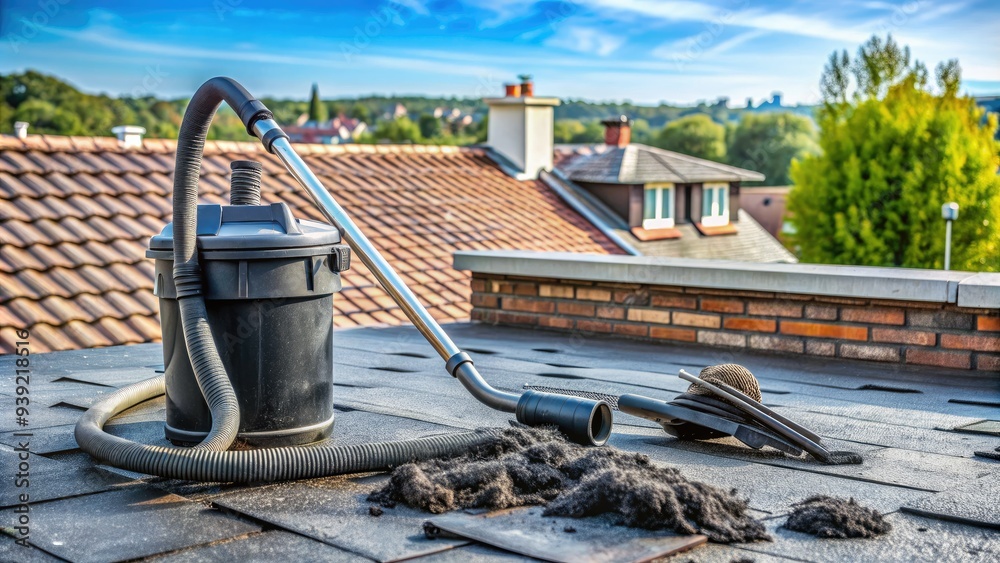Vacuum cleaner and brushes on a rooftop, surrounded by fallen soot and debris, illustrating the process of cleaning a dirty and clogged chimney. Vacuum cleaner and brushes on a rooftop, surrounded by fallen soot and debris, illustrating the process of cleaning a dirty and clogged chimney.