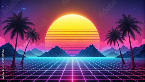 Vaporwave Grid Sunset: Vaporwave, neon, digital, pastel, sunset