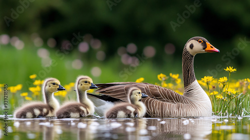 A greylag geese family with young offspring in their natural habitat, showcasing the beauty of wildlife and the bond between parents and their offspring. photo